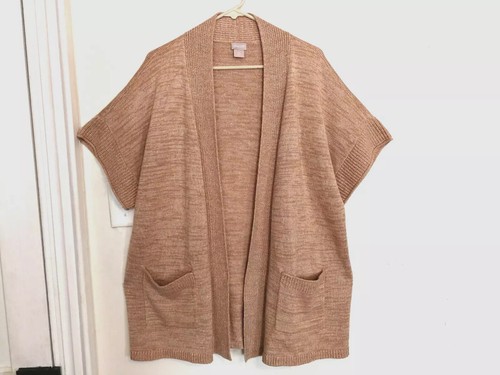 Chicos Womens Cardigan Sweater 2 L 12 Brown Knit Open Front Short Sleeve Pockets