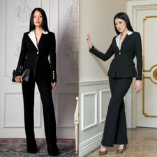 Black Women's Suits Peak Lapel Formal Business Office Workwear Casual Pantsuits