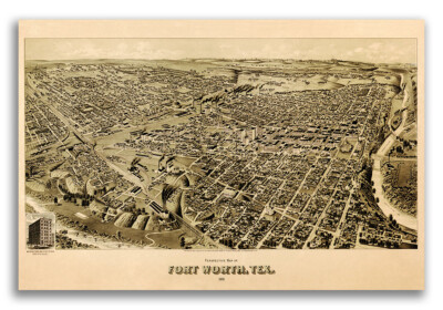 1891 Fort Worth Texas Vintage Old Panoramic City Map - 24x36