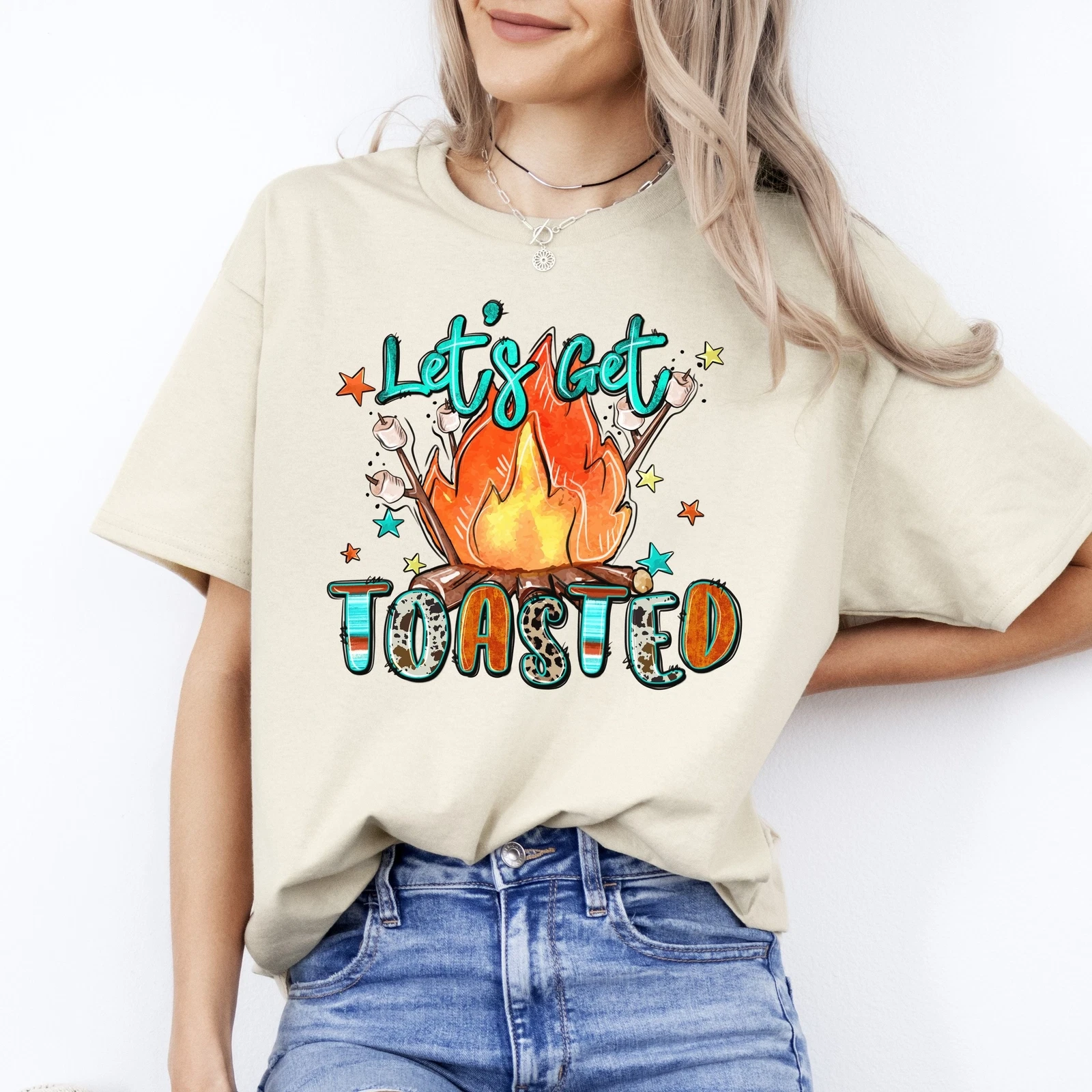 Lets get toasted T-Shirt gift Summer fire camp marshmallow Unisex Tee Sand White