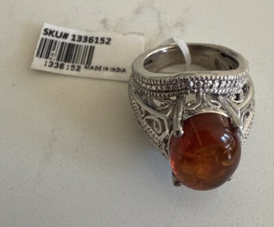 Vintage Designer Karis Round Amber .925 Sterling Silver Statement Ring Size
