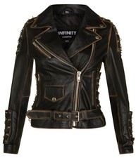 Women's Black Leather Biker Jacket Brando Motorcycle “live To Ride” Cow Hide