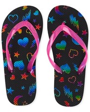 NWT- Children's Place Girls Rainbow Doodle Flip Flops Size Youth 12/13 Black
