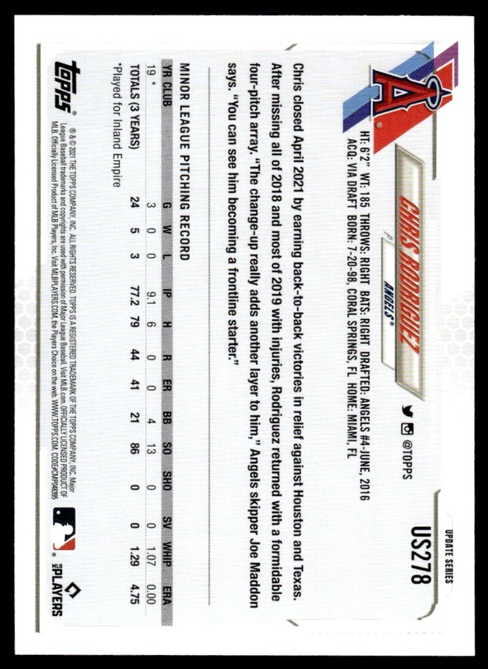 2021 Topps Update GOLD FOIL Chris Rodriguez Rookie Los Angeles Angels #US278 - Image 2 of 2