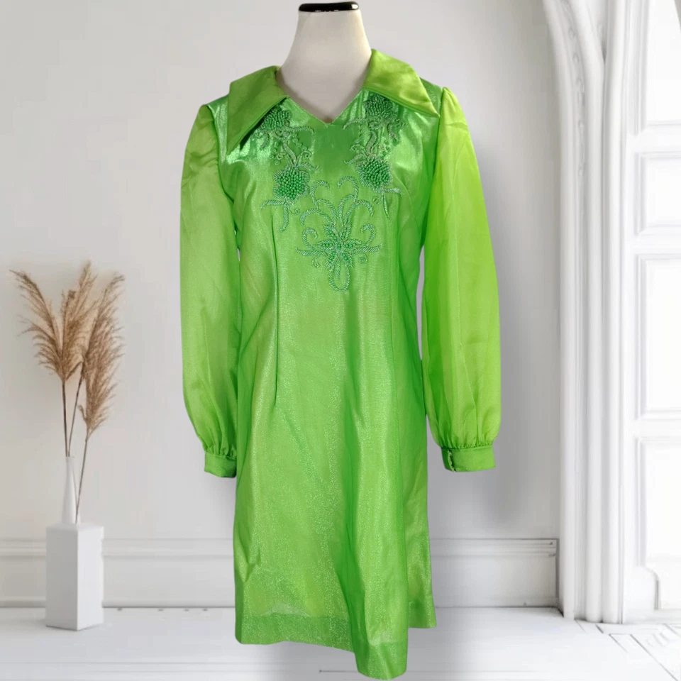 Винтажный 70-х бисером лайм зеленый мини-платье размер 10 чистый шар рукав Shift - Изображение 2 из 4