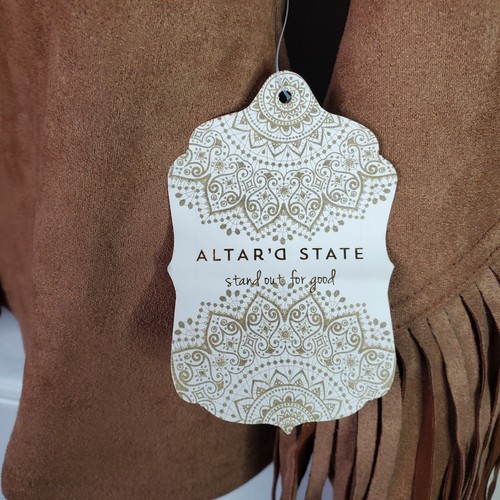 Altar'd State Cropped Western Fringe Faux Suede Brown Button Down Jacket Sz XS - Picture 8 of 13