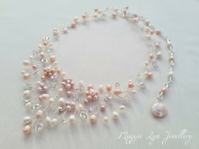 Braut Hochzeit Halskette Rouge Rosa Elfenbein Perlen Silber V Tropfen Braut