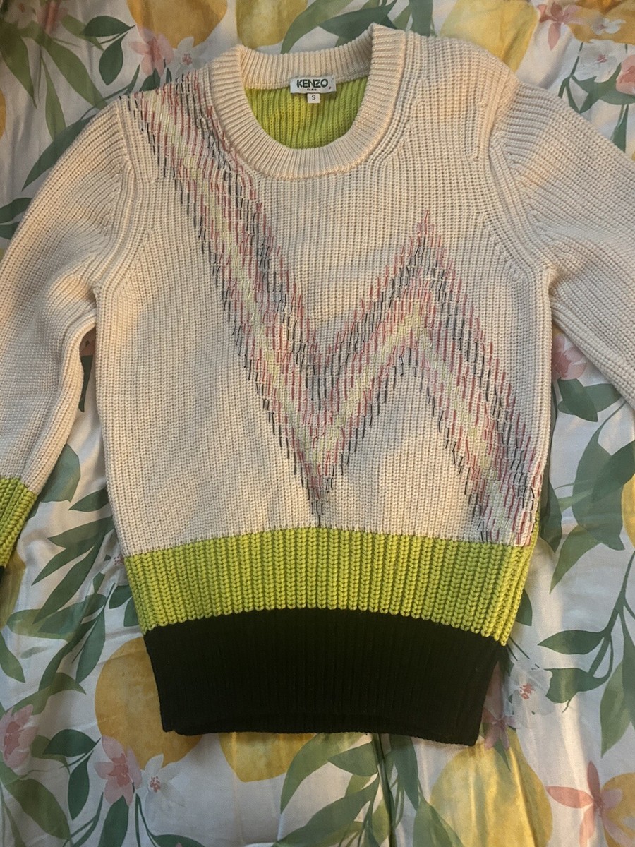 【送料&関税込】Kenzo Striped Wool Sweater KENZO Sweater Womens Sz S Beige Wool Embroidered Multicolor