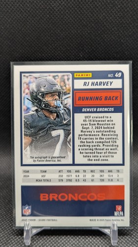 RJ Harvey 2025 Panini Score #49 Rookie RC Auto Broncos - Picture 2 of 2