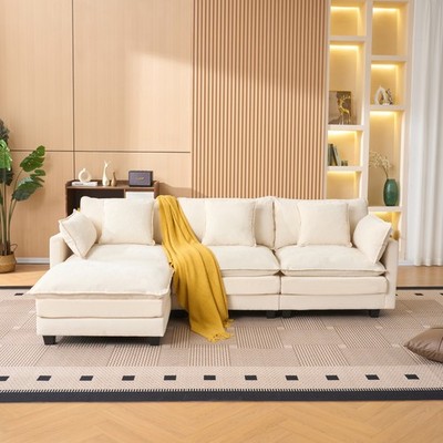 Convertible 3-Seater L-Shaped Sectional Sofa with Ottoman in Beige Chenille