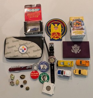 Vintage Junk Drawer Lot Proof Set Coins FSU Watch NRA Patch Military Pins More