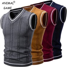 Men's Slim Fit Knit V-Neck Sweater Vest Patchwork Sleeveless Pullover Smart Casu