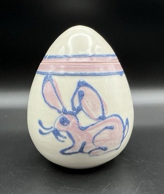 Studio Art Pottery Egg Shaped Trinket Box 5  Yellow & Pink Bunny Rabbit Signed