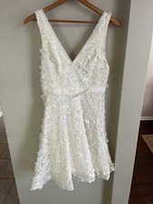 DB Studio V-Neck Floral Lace Tea-Length Wedding Dress w/Ribbon Belt, Layer Added