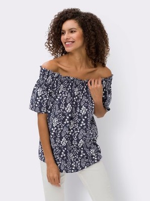 Shirt blau 40 HEINE Damen Carmenshirt 100% Bau Floral-Print ''marine/ecru'' 2.5516