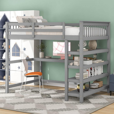 Twin Loft Bed with Storage Shelves and Under-Bed Desk, Gray Finish