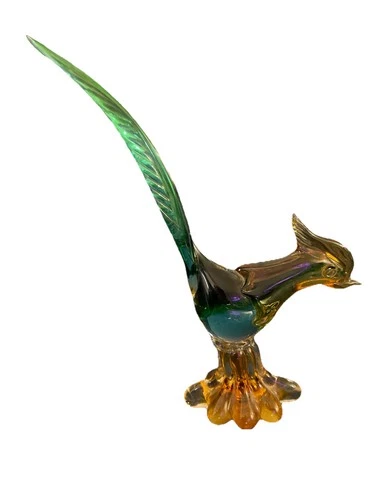 Vintage Murano Style Art Glass Pheasant Bird Figurine Amber Green Tall Tail 14”