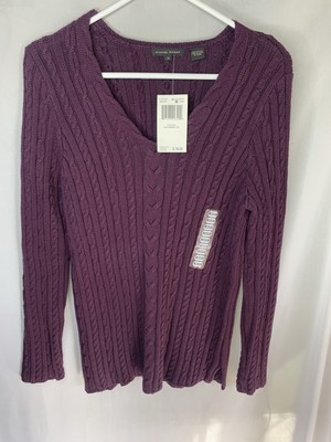 Women's M Jeanne Pierre NWT Cable Knit Designer Cardigan Purple Cotton  Vneck