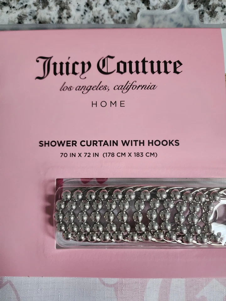 NUEVO CON ETIQUETAS JUICY COUTURE CORTINA DE DUCHA CON GANCHOS 70 X 72 LOGO CORAZONES BLANCO ROSA NUEVO Foto 3 de 4