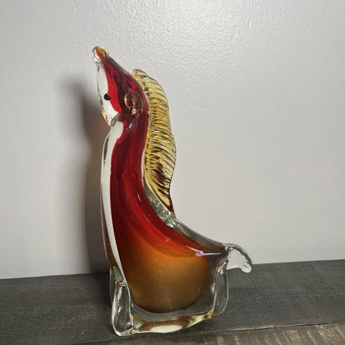 Vintage Murano Style Art Glass Horse Red Amber Sommerso 8” Figurine