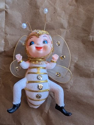 Vintage 60 s Anthropomorphic Pixie Bug Beetle Glitter Christmas Ornament 4.25''