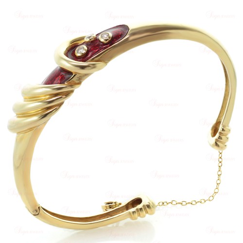 Bracelet 14k Yellow Gold Red Enamel Diamond Vintage Bangle - Picture 2 of 5