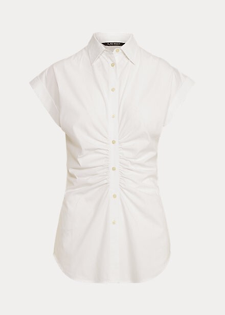 Lauren Ralph Lauren White Shirred Stretch Cotton Shirt
