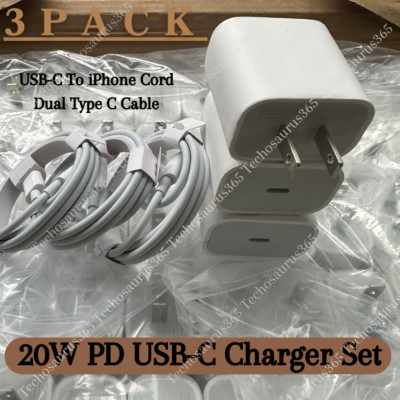 3Pack For iPhone 15 14 13 12 11 Pro Max USB C New 20W PD Fast Charger Cube Cable