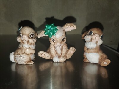 VINTAGE SET OF THREE BUNNY RABBIT FIGURINES STATUETTES.  ADORABLE!
