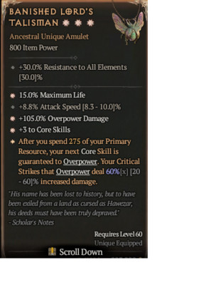   DIABLO 4  Eternal Softcore  Banished Lord's Talisman 800 3GA Max Roll  