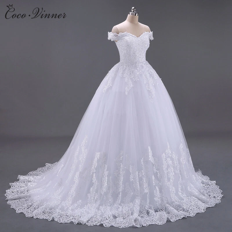 Vestidos de novia apliques de encaje fuera del hombro barrido tren vestidos de baile de novia personalizados Foto 2 de 4