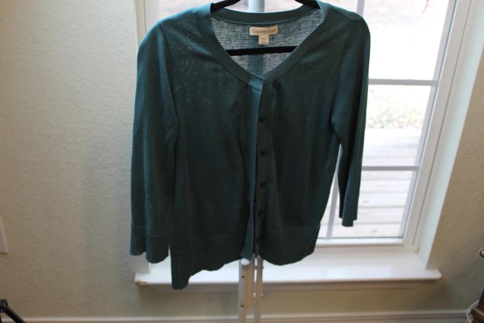 Coldwater Creek Teal Button Cardigan 3/4 Sleeve Sweater Silk Cotton Blend XS - Image 3 of 4