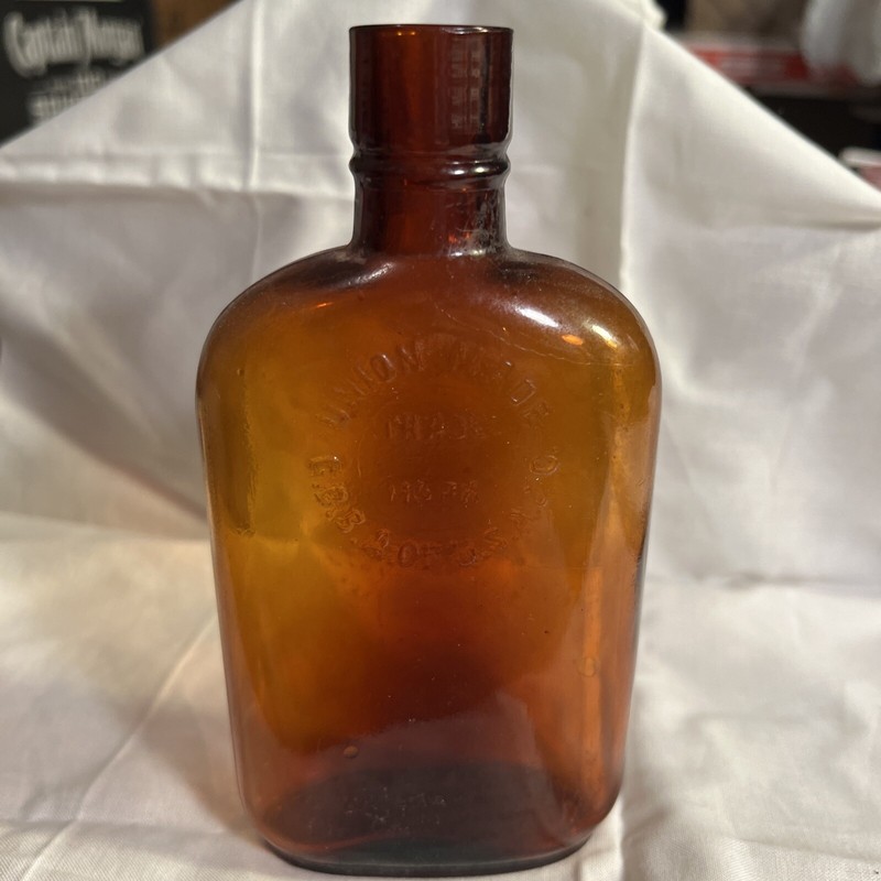 Vintage Embossed 1/2Pint Flask Amber Brown Bottle Union Made G.B.B.A of USA