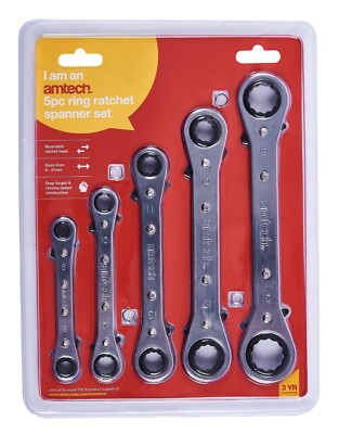 5Pc Ratchet Ring Wrench Spanners Set Metric 2-Way Reversible Steel Flat Tools