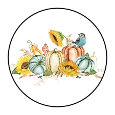 30 FALL AUTUMN STICKERS ENVELOPE SEALS LABELS 1.5" ROUND SUNFLOWERS PUMPKINS