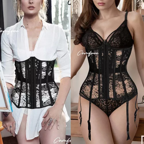 Sexy Underbust Lace up Corset Women See Thru Lingerie Waist Cincher with Garter - Picture 9 of 18
