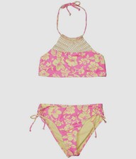  44 Hobie Girl's Yellow Pink Yellow Aloha Floral Two Piece Set Swimwear Size 8