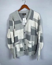 Unworn Beams Plus Cotton Patchwork Cardigan Adult XL Gray Chunky Knit Sweater