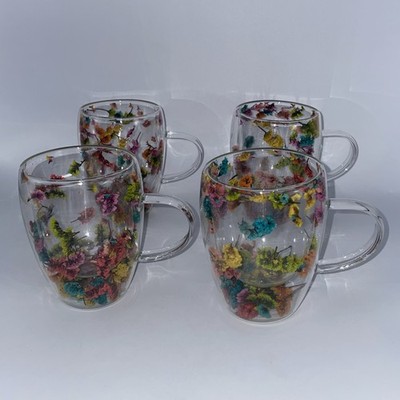 4 Pc Dry Flowers Double Wall Glass Cup With Handle Heat Resistant Tea Coffee Mug