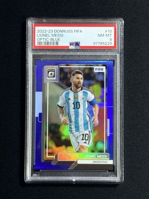 2022-23 Panini Donruss FIFA Lionel Messi Optic Blue #5/99 PSA 8