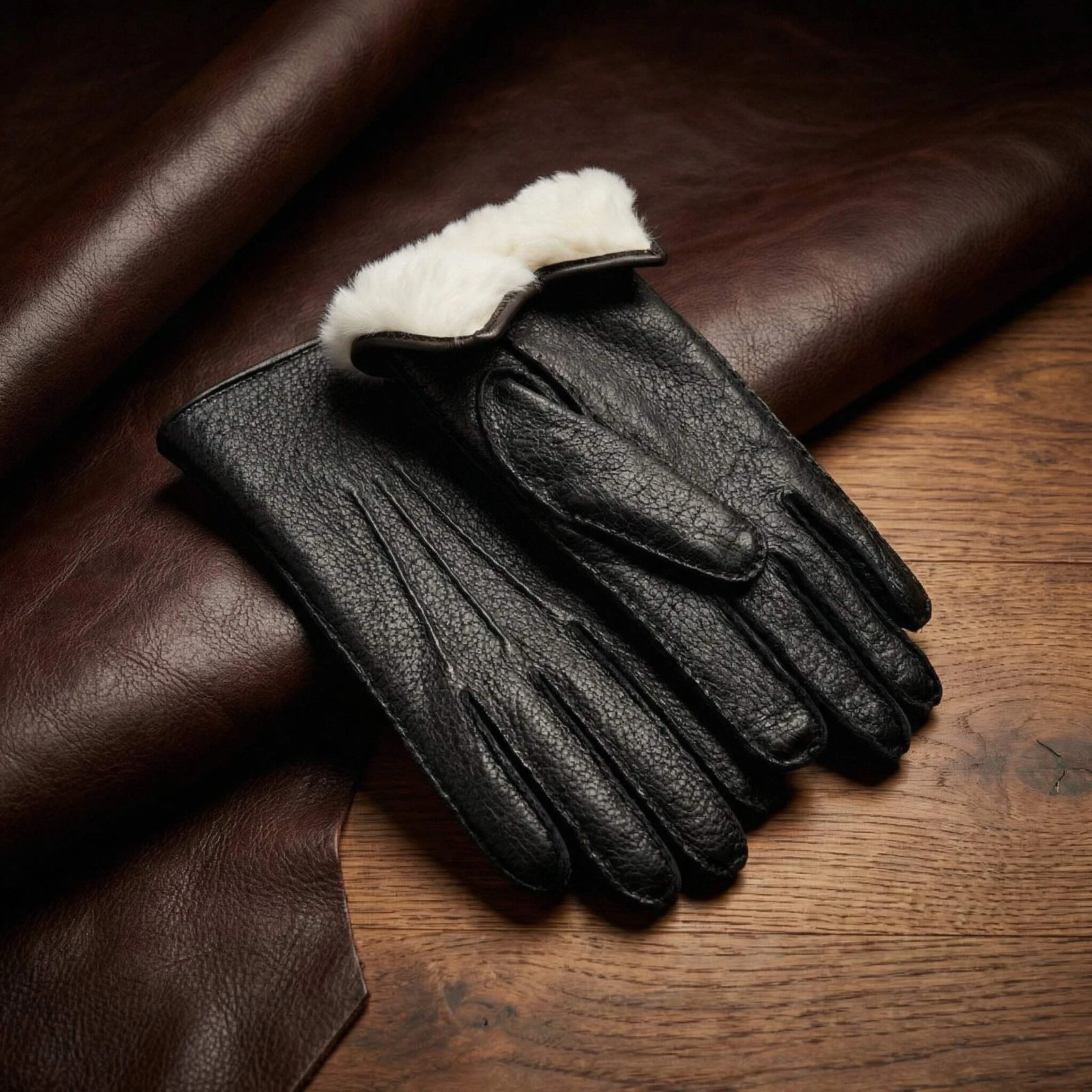 Men’s Black Peccary Winter Gloves – Rabbit Fur Lined, Hand Sewn