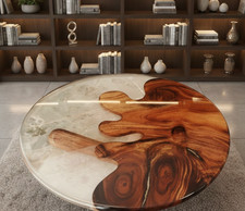 12" Modern White Epoxy Resin Round Table Unique Wood Grain Art Coffee Table Deco