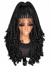 20" Natural Black Knotless Box Braided Wig Lace Front Curly Ends