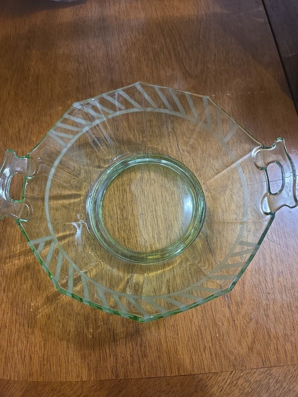 Antique Etched Ribbon Vaseline Deppression Glass Handled Bowl 