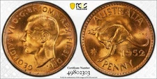 Australia, 1952 M George VI Penny. PCGS MS 65 Red! 18,000,000 Mintage.