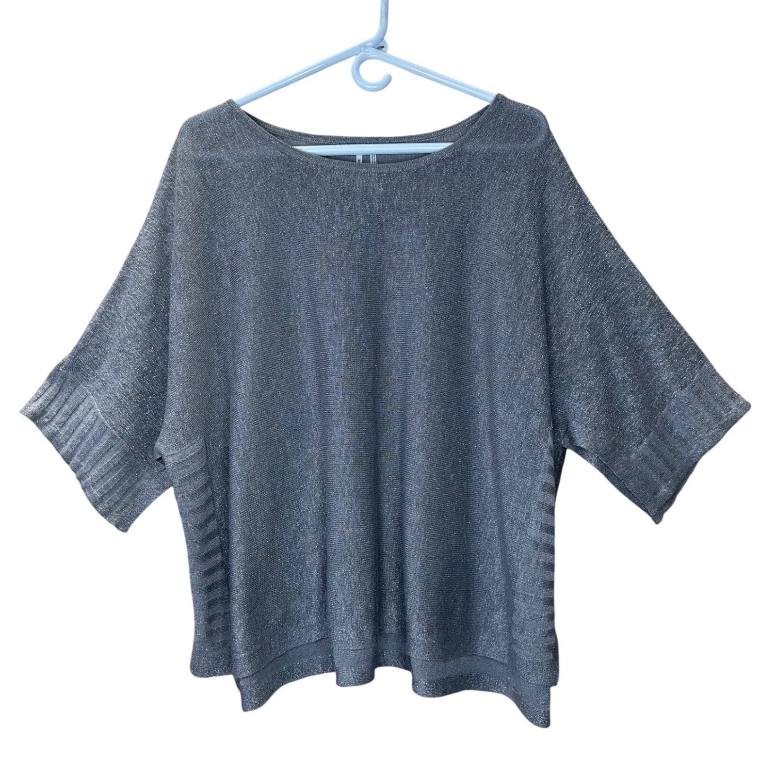 By Anthropologie Shimmer linen Knit Oversized Boxy Poncho Top Silver M boho