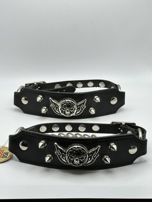 Genuine Leather Spike Studded Bootstrap Set With Skull Wing Emblem Chain New USA