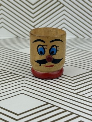 Folk Art Vintage Wood Mini Egg Cup Red Nose Mustache Mid Century 1950s MCM