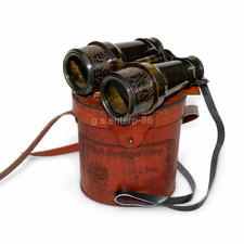6" Antique Black Brass Binoculars Royal Navy Leather Case Vintage Nautical Gift