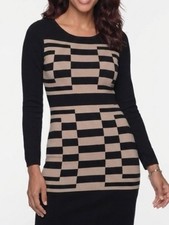 Nine West Black and Tan Checker Long-Sleeve Dress